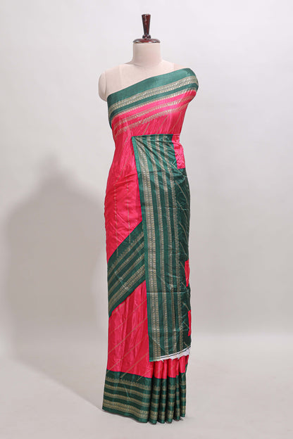 Pink zari striped saree in dola silk with contrast woven border and blouse
