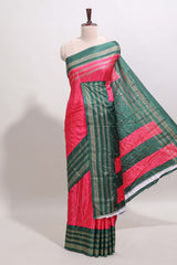 Pink zari striped saree in dola silk with contrast woven border and blouse