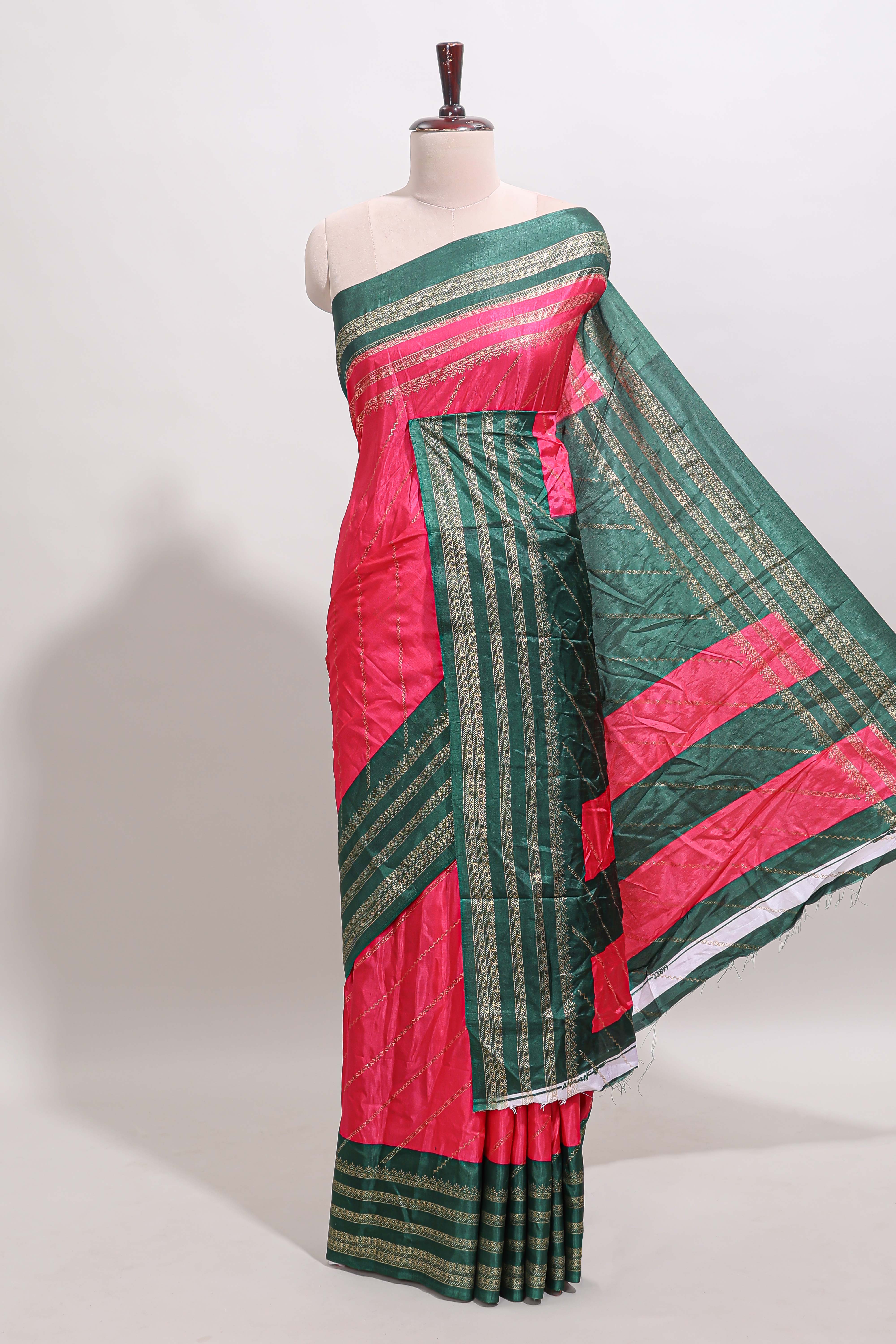 Pink zari striped saree in dola silk with contrast woven border and blouse