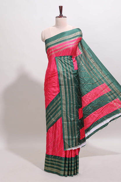 Pink zari striped saree in dola silk with contrast woven border and blouse