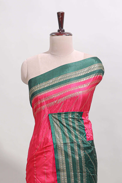 Pink zari striped saree in dola silk with contrast woven border and blouse