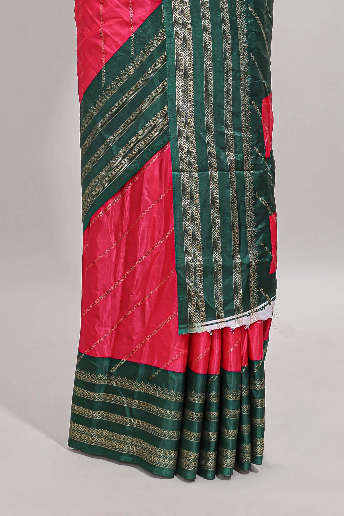 Pink zari striped saree in dola silk with contrast woven border and blouse