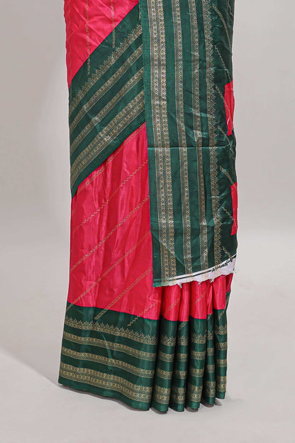 Pink zari striped saree in dola silk with contrast woven border and blouse