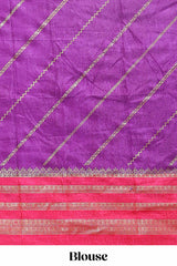 Purple zari striped saree in dola silk with contrast woven border and blouse