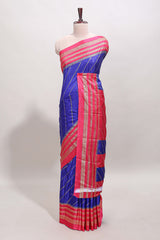 Blue zari striped saree in dola silk with contrast woven border and blouse