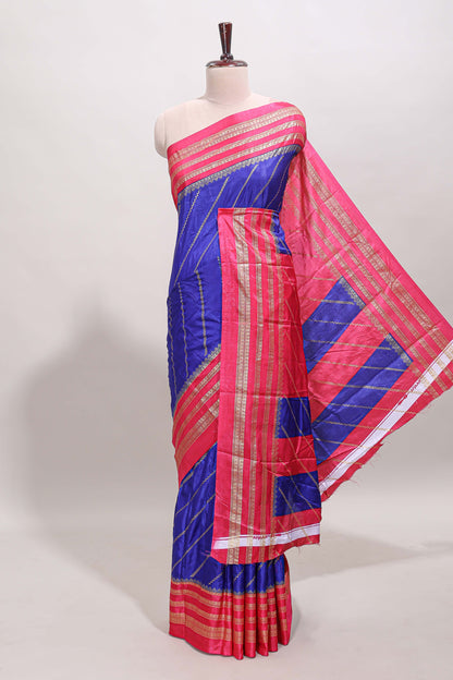 Blue zari striped saree in dola silk with contrast woven border and blouse