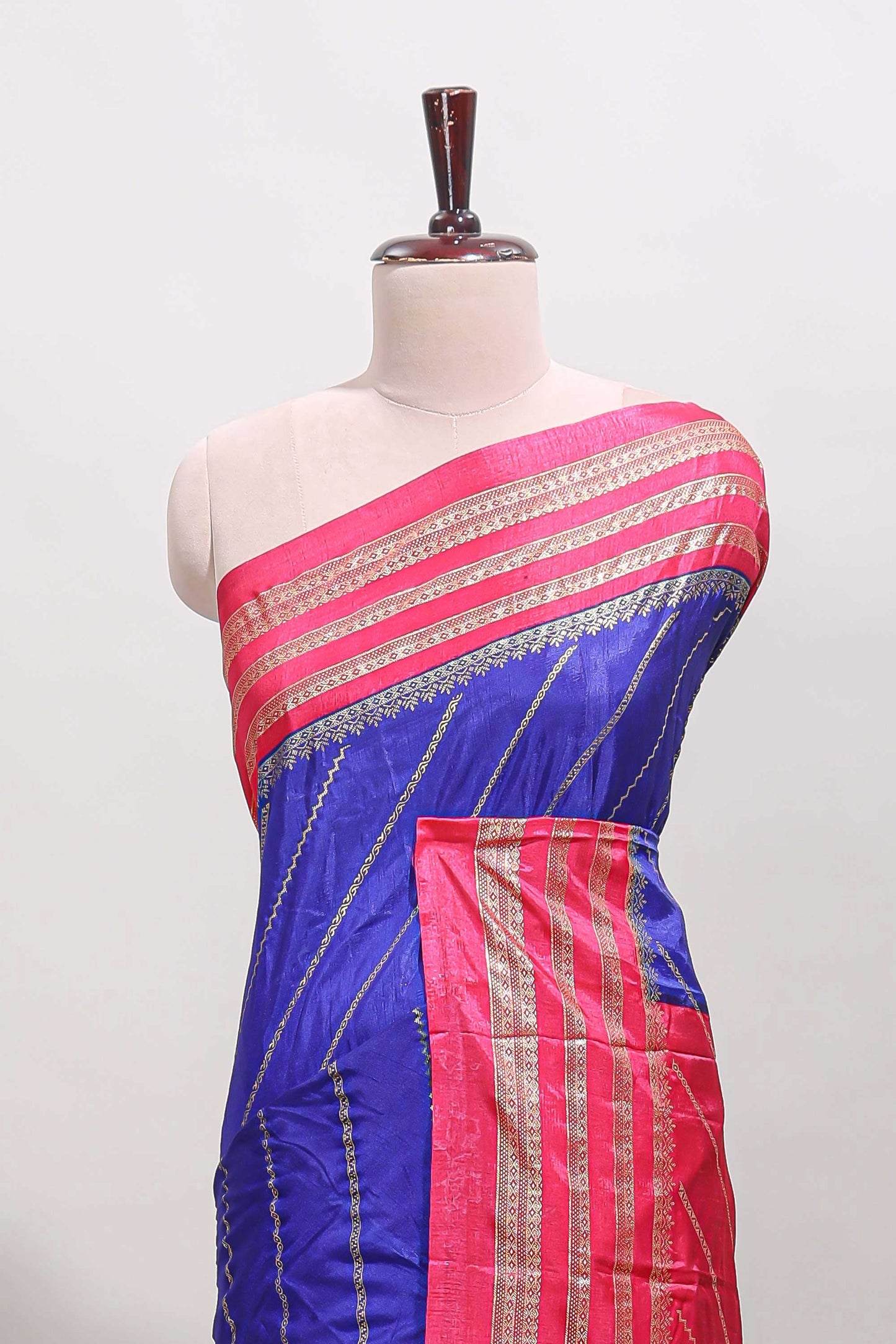 Blue zari striped saree in dola silk with contrast woven border and blouse