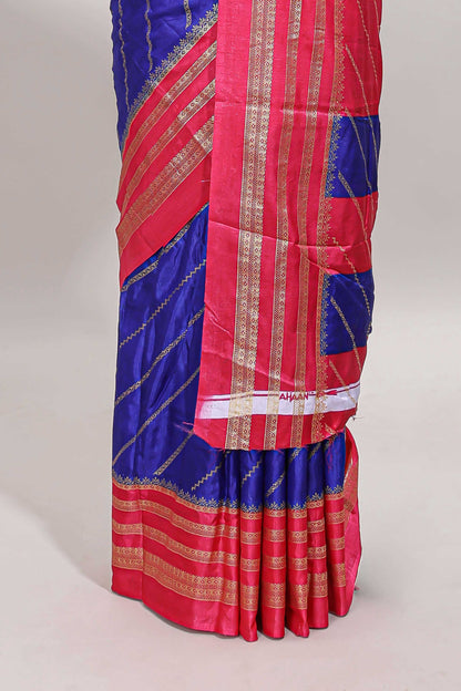 Blue zari striped saree in dola silk with contrast woven border and blouse