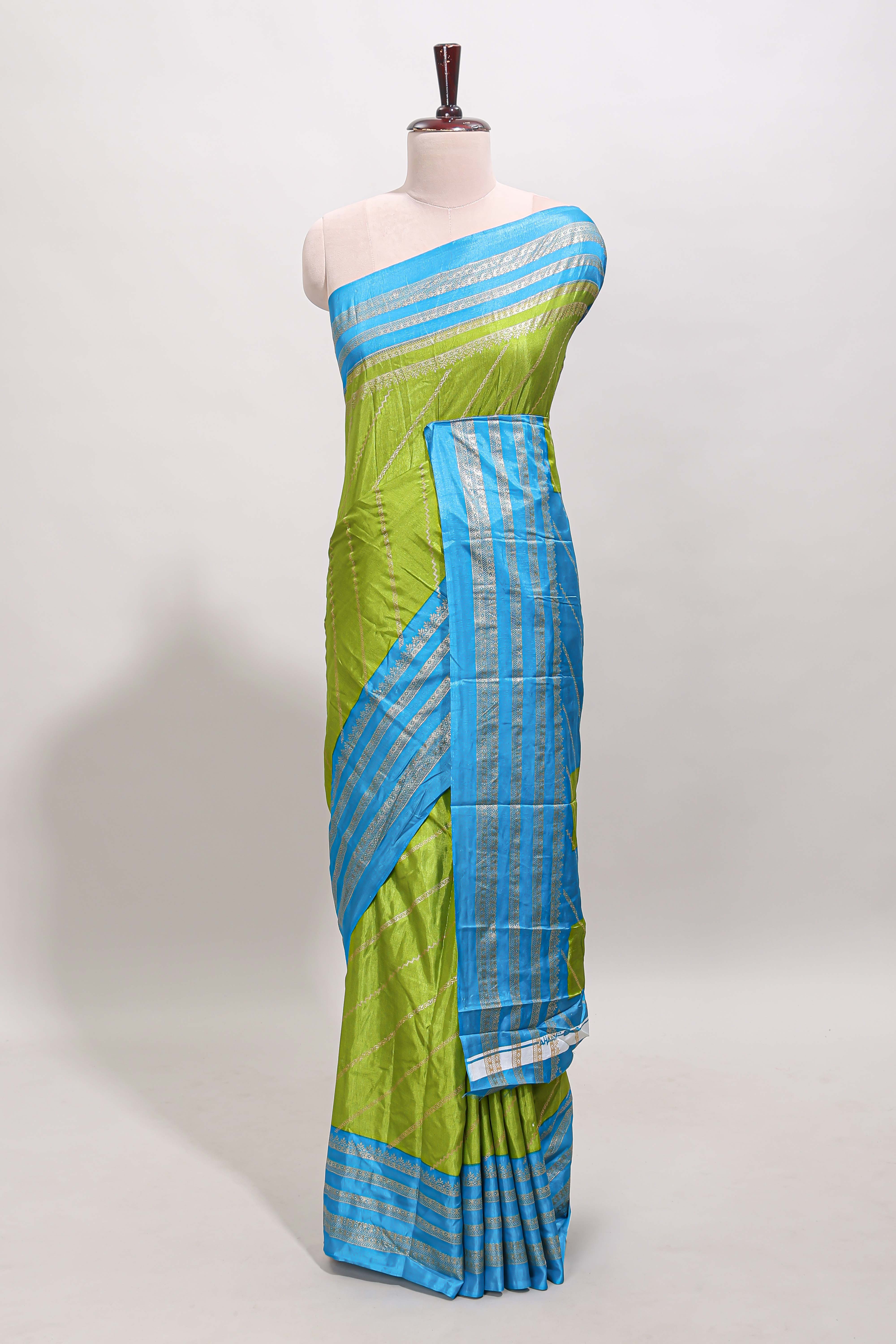 Lime green zari striped saree in dola silk with contrast woven border and blouse