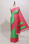 Neon green zari striped saree in dola silk with contrast woven border and blouse