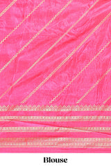 Neon green zari striped saree in dola silk with contrast woven border and blouse