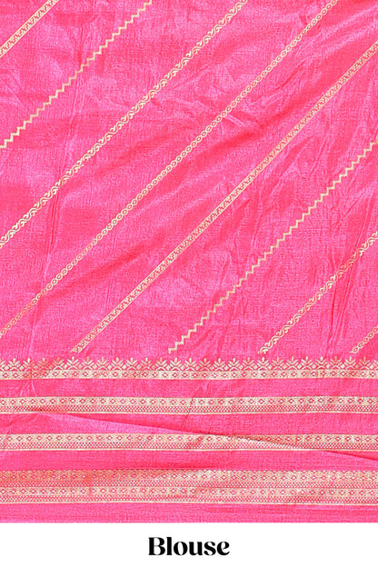 Neon green zari striped saree in dola silk with contrast woven border and blouse