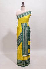Yellow zari striped saree in dola silk with contrast woven border and blouse
