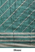 Yellow zari striped saree in dola silk with contrast woven border and blouse