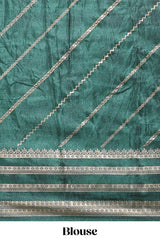 Yellow zari striped saree in dola silk with contrast woven border and blouse