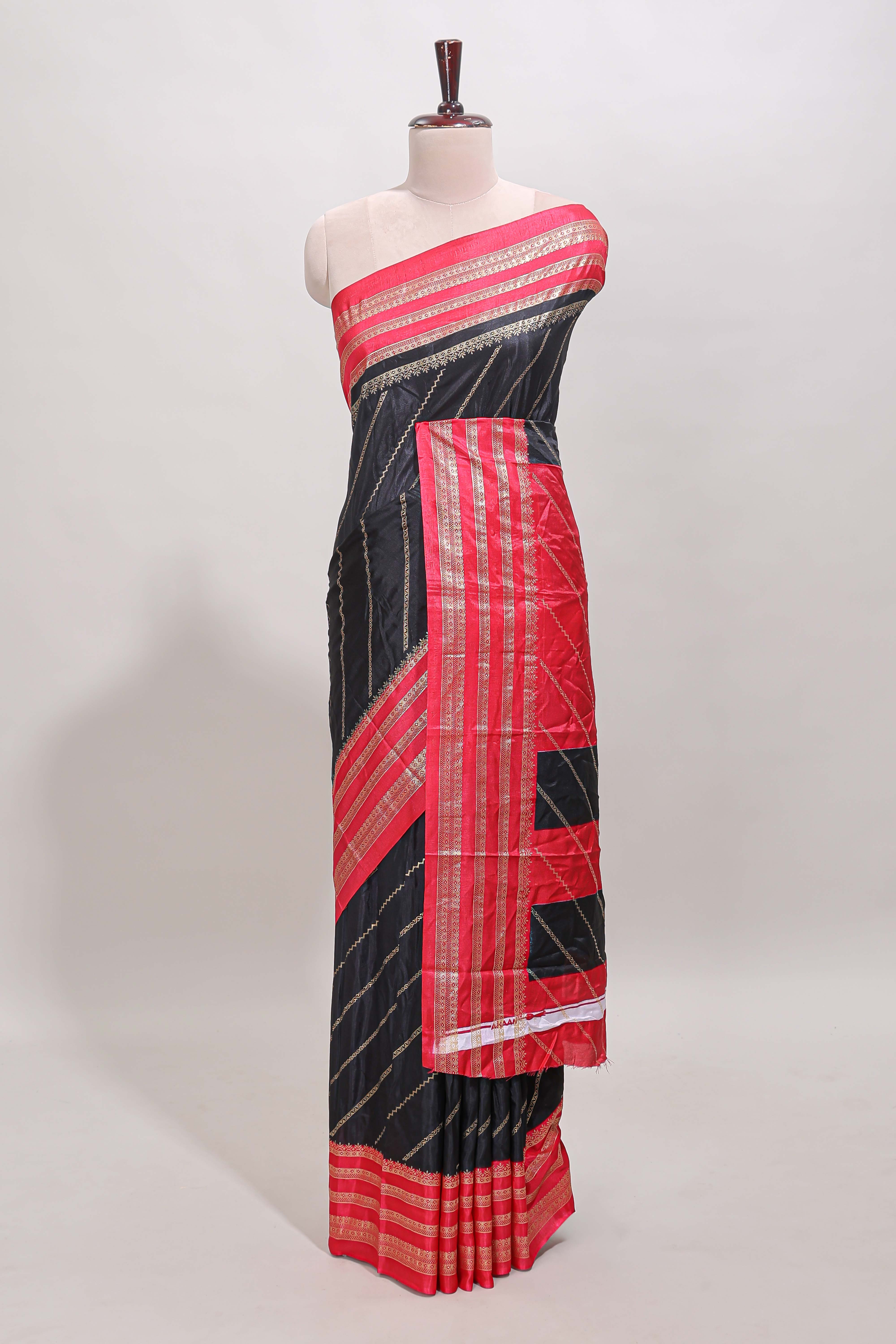Black zari striped saree in dola silk with contrast woven border and blouse