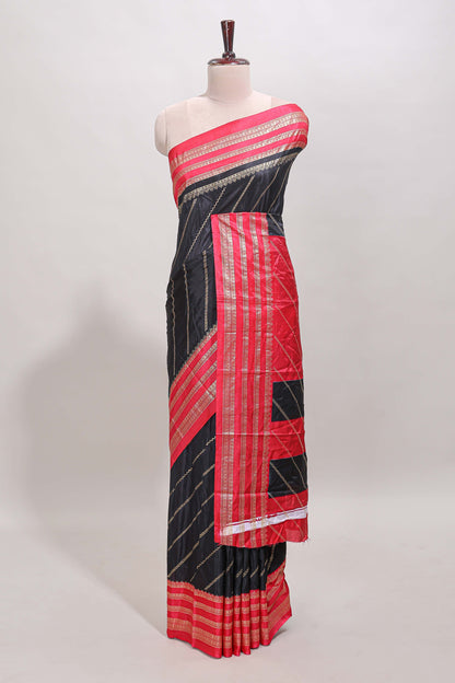 Black zari striped saree in dola silk with contrast woven border and blouse