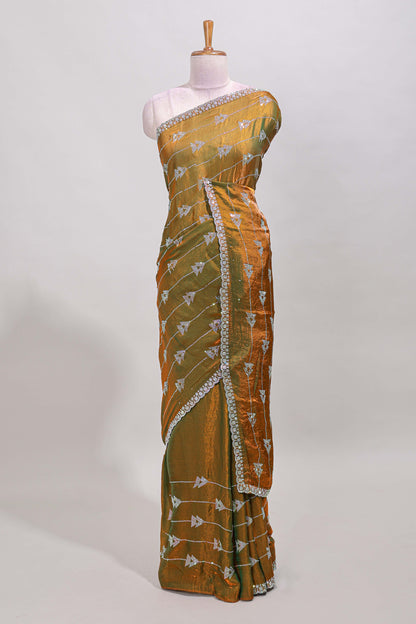 Golden olive geometric stripes stone work all over body designer saree with self scallop design border and matching blouse