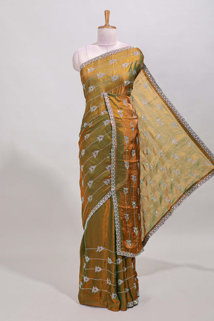 Golden olive geometric stripes stone work all over body designer saree with self scallop design border and matching blouse
