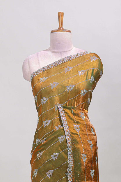 Golden olive geometric stripes stone work all over body designer saree with self scallop design border and matching blouse