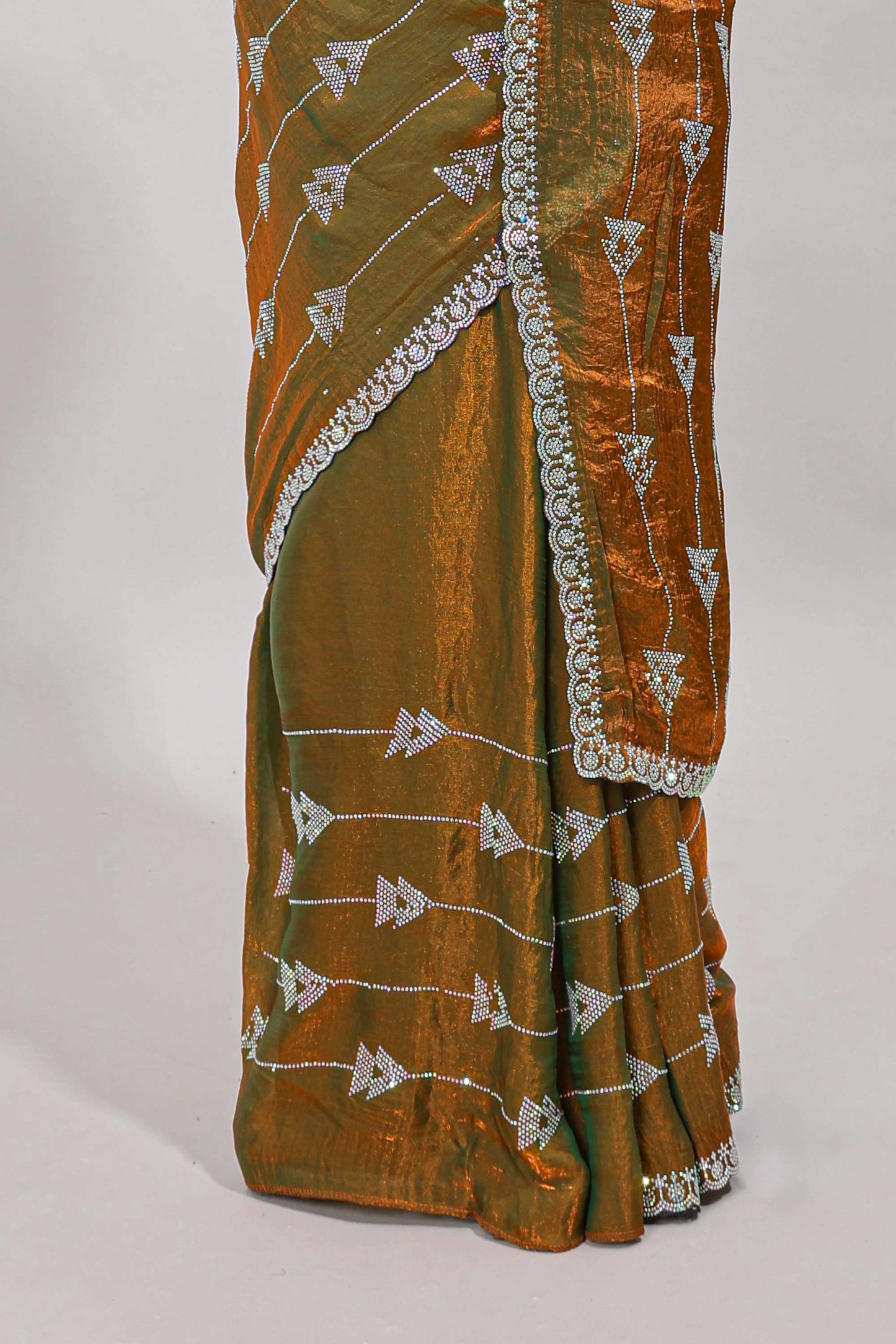 Golden olive geometric stripes stone work all over body designer saree with self scallop design border and matching blouse