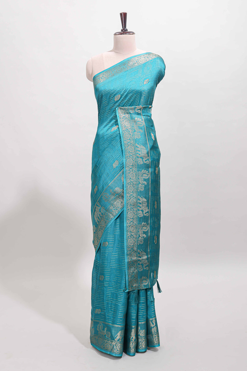 Turquoise blue zari butta dola silk saree with self zari border and printed pallu