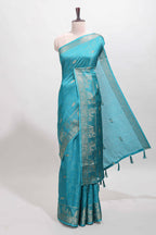 Turquoise blue zari butta dola silk saree with self zari border and printed pallu