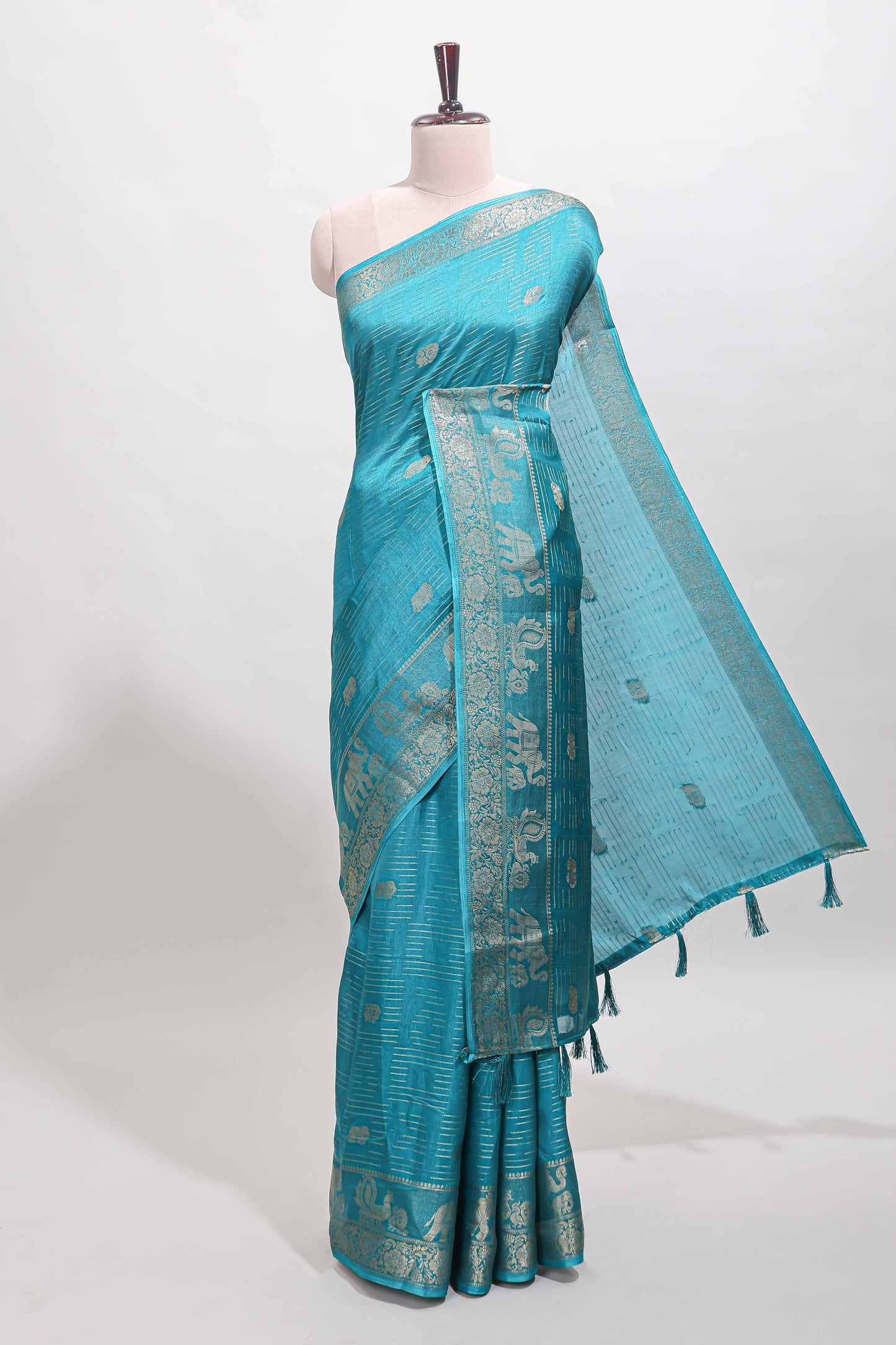 Turquoise blue zari butta dola silk saree with self zari border and printed pallu