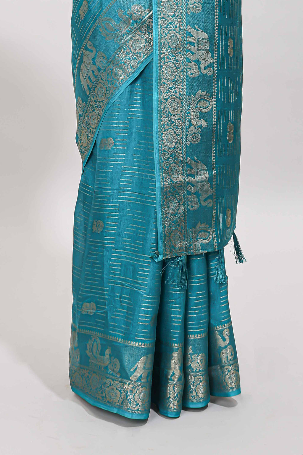 Turquoise blue zari butta dola silk saree with self zari border and printed pallu