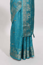 Turquoise blue zari butta dola silk saree with self zari border and printed pallu