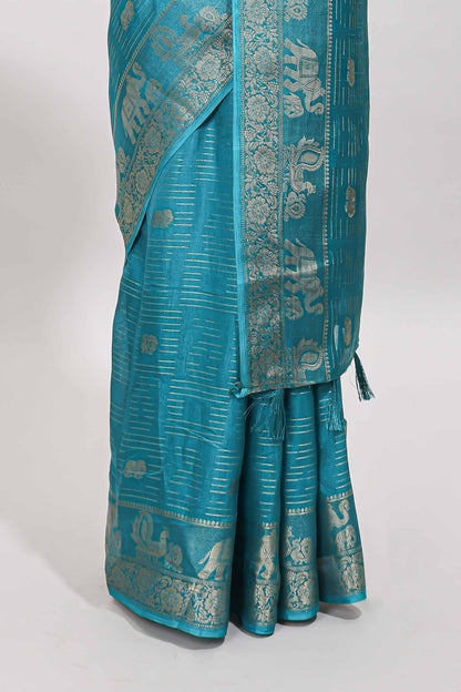 Turquoise blue zari butta dola silk saree with self zari border and printed pallu