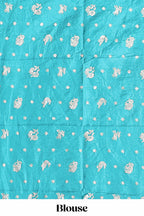 Turquoise blue zari butta dola silk saree with self zari border and printed pallu