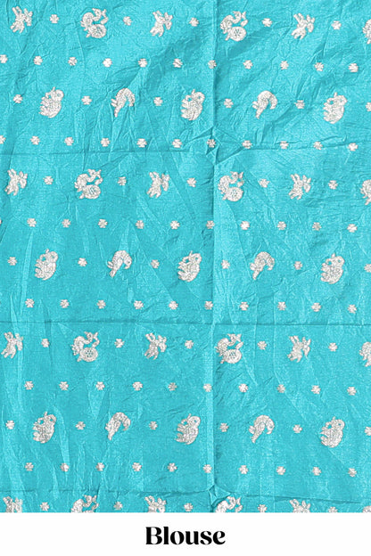Turquoise blue zari butta dola silk saree with self zari border and printed pallu