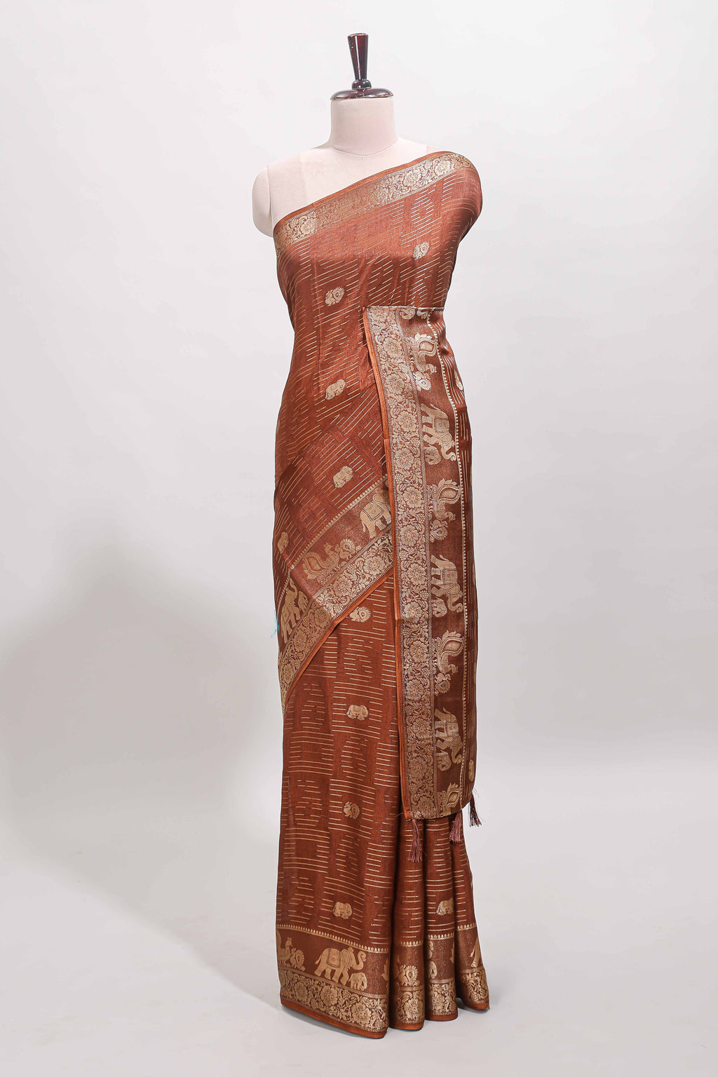 Brown zari butta dola silk saree with self zari border and printed pallu