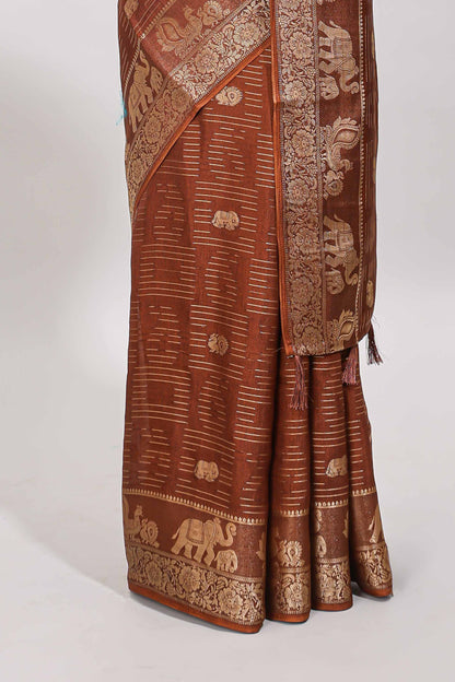 Brown zari butta dola silk saree with self zari border and printed pallu