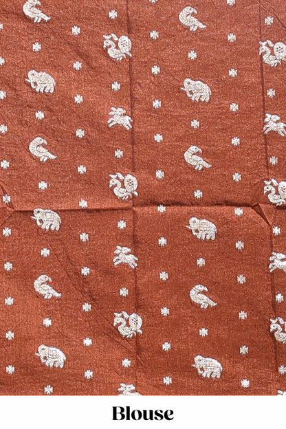 Brown zari butta dola silk saree with self zari border and printed pallu