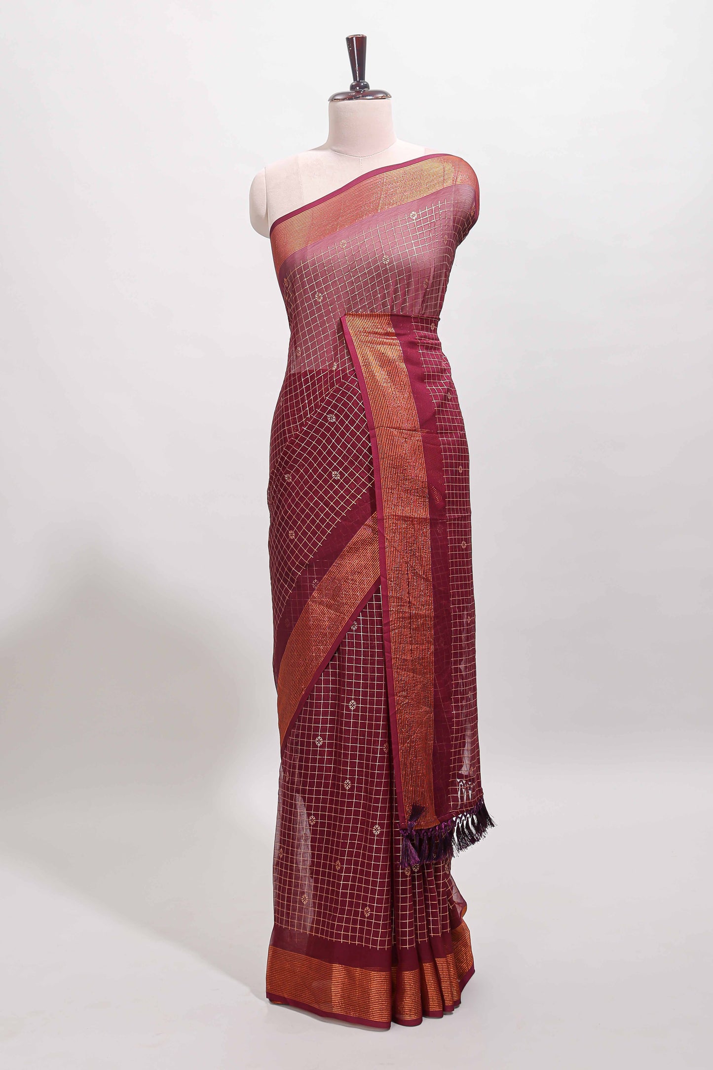 Maroon checked zari butta dola silk saree with self zari border and matching blouse