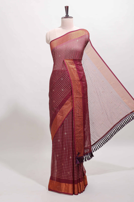 Maroon checked zari butta dola silk saree with self zari border and matching blouse