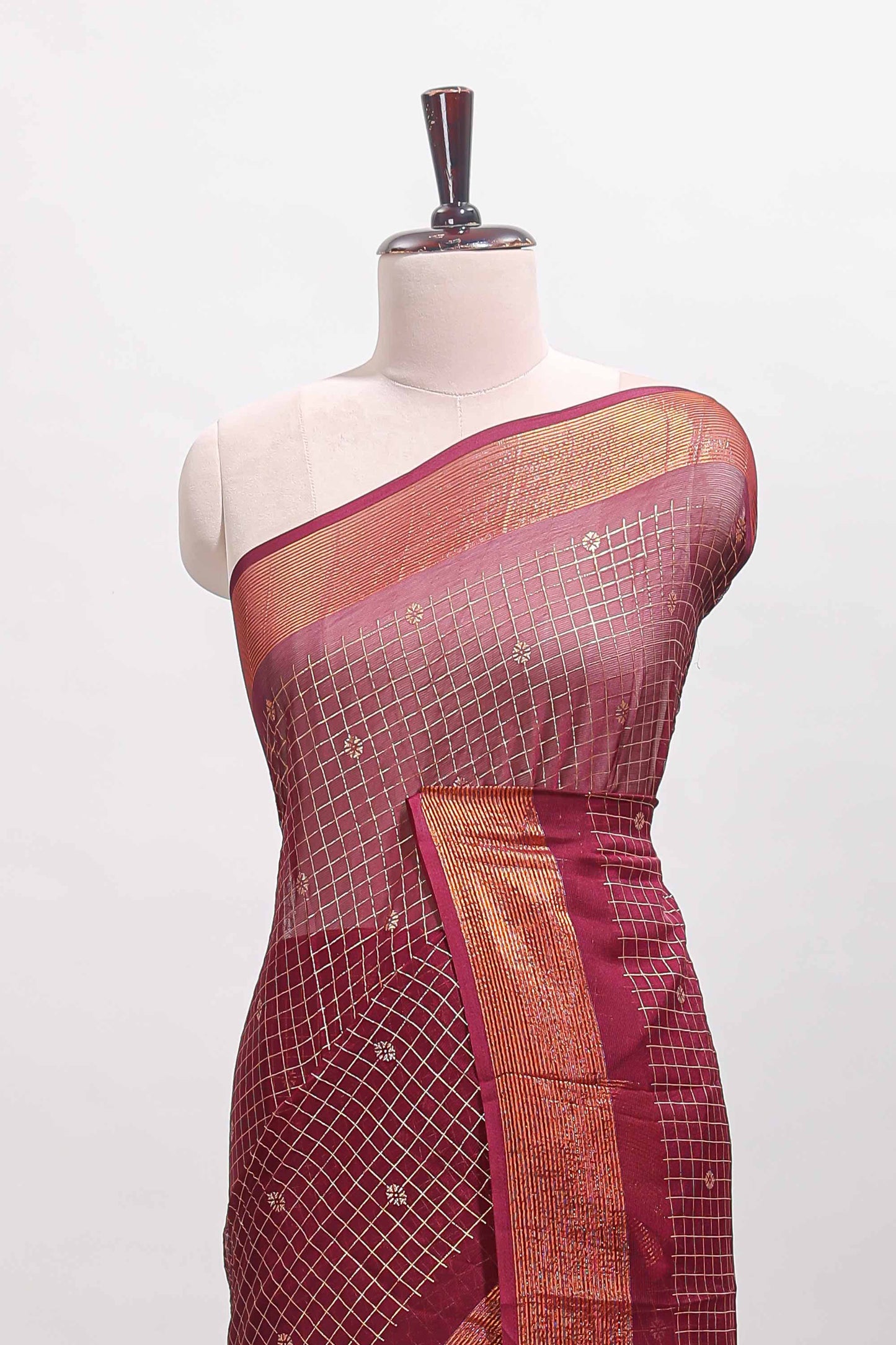 Maroon checked zari butta dola silk saree with self zari border and matching blouse