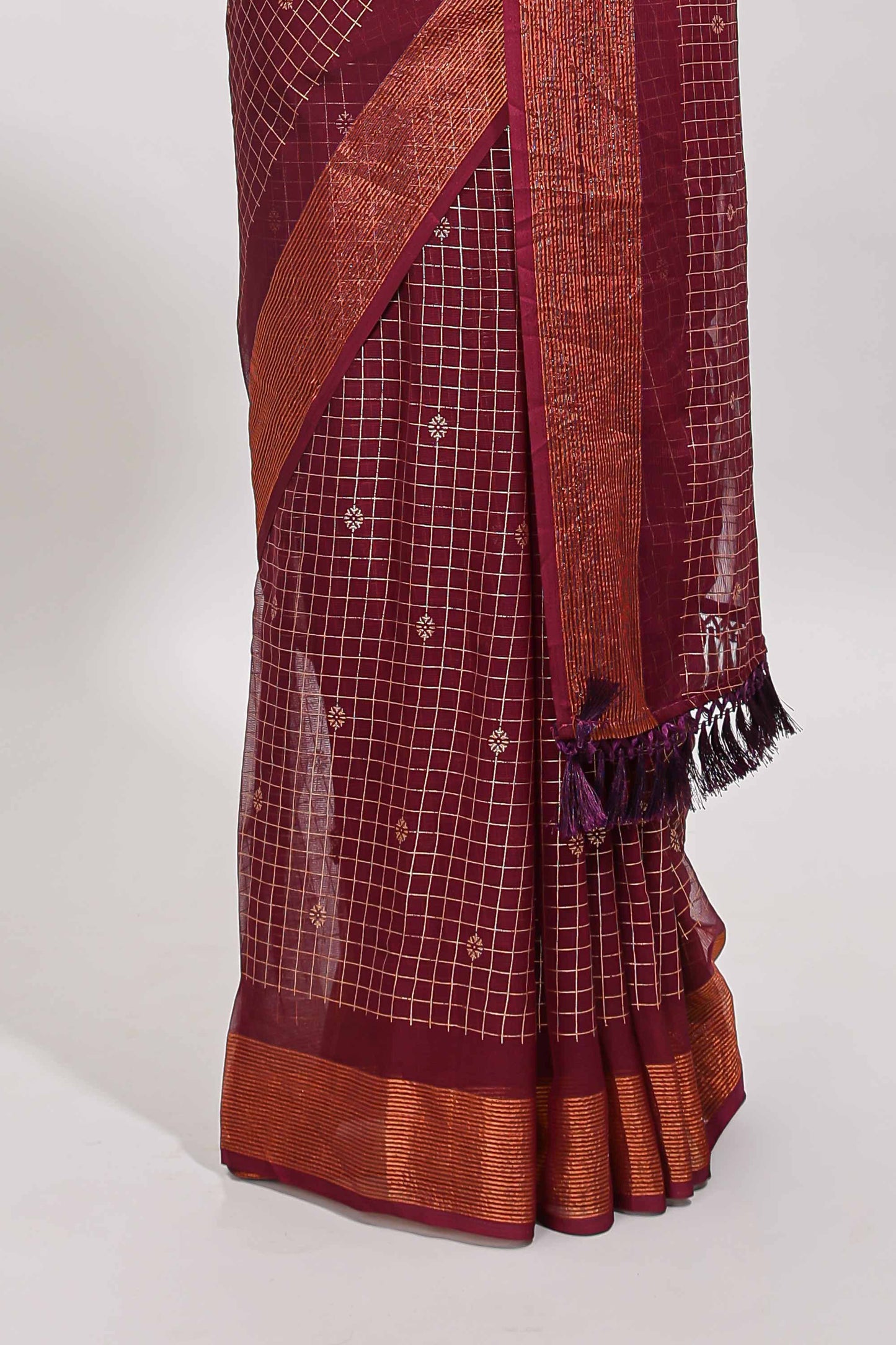 Maroon checked zari butta dola silk saree with self zari border and matching blouse