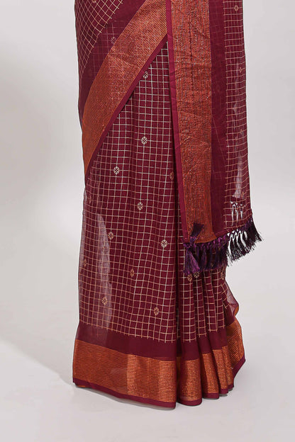 Maroon checked zari butta dola silk saree with self zari border and matching blouse