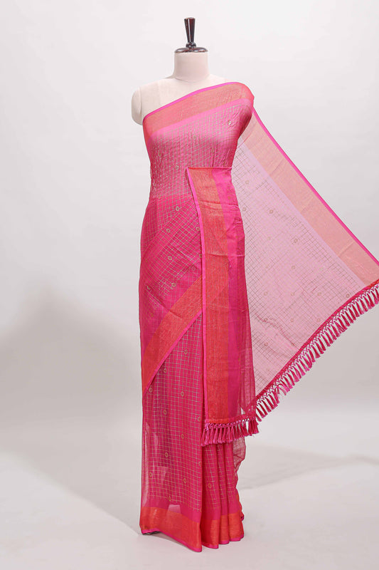 Pink checked zari butta dola silk saree with self zari border and matching blouse