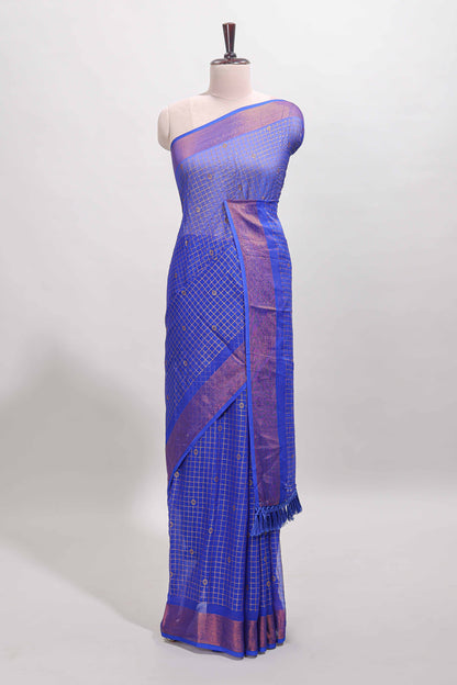 Blue checked zari butta dola silk saree with self zari border and matching blouse