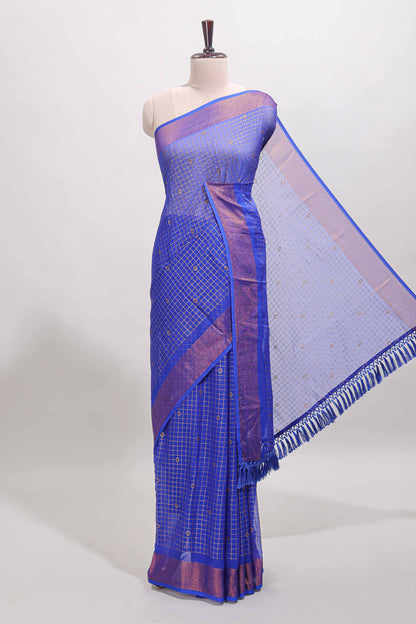 Blue checked zari butta dola silk saree with self zari border and matching blouse