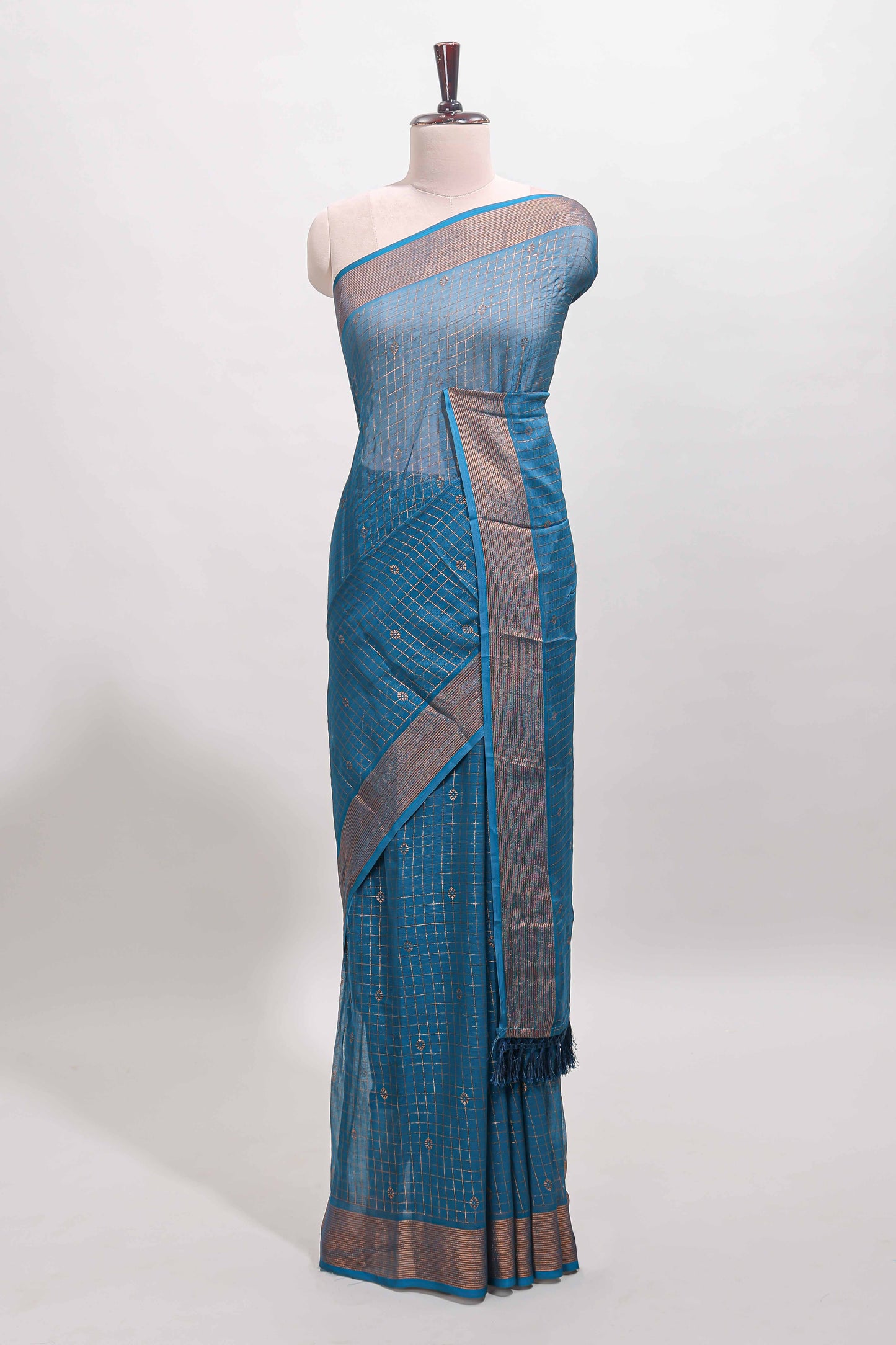 Midnight blue checked zari butta dola silk saree with self zari border and matching blouse
