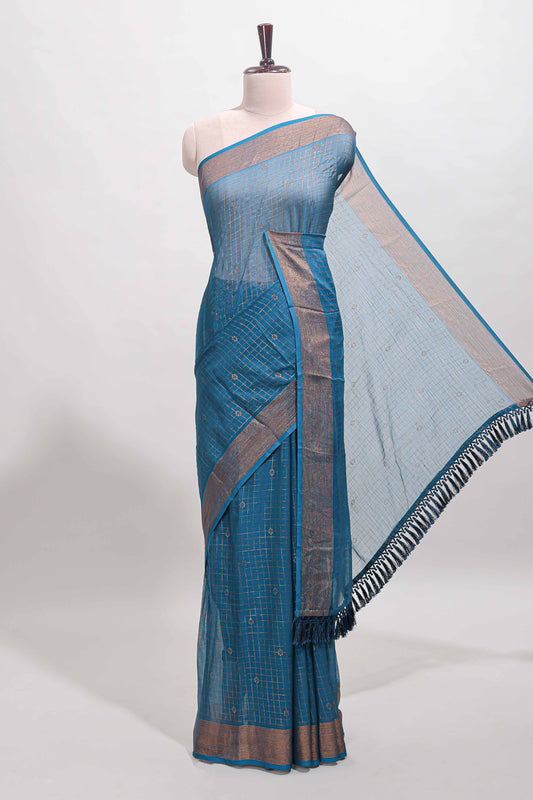Midnight blue checked zari butta dola silk saree with self zari border and matching blouse