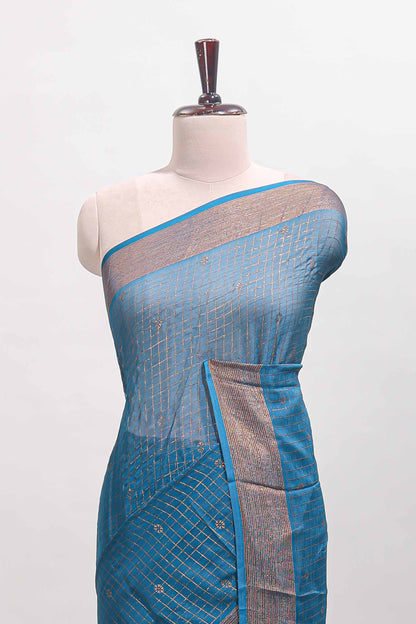 Midnight blue checked zari butta dola silk saree with self zari border and matching blouse