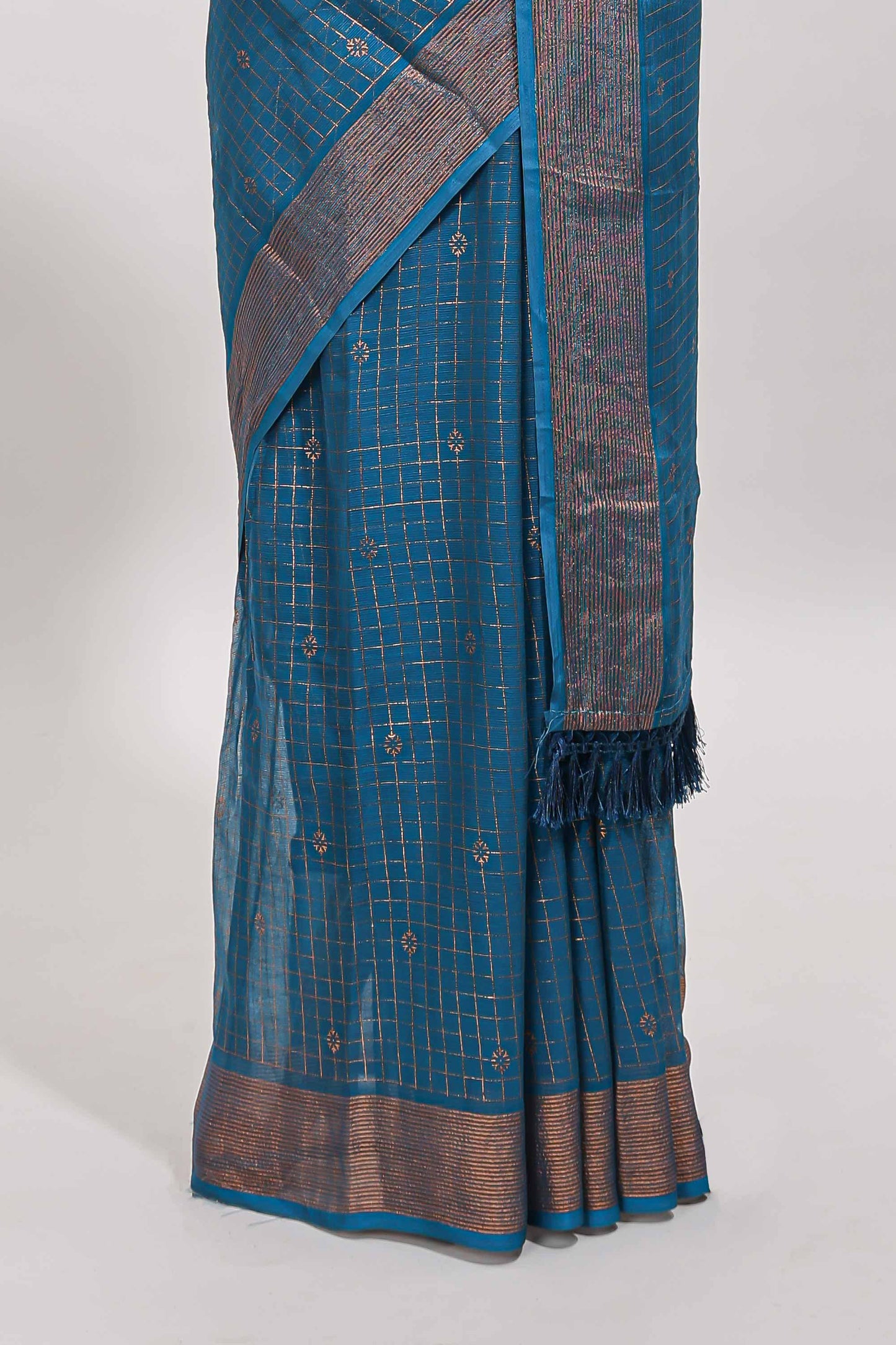 Midnight blue checked zari butta dola silk saree with self zari border and matching blouse