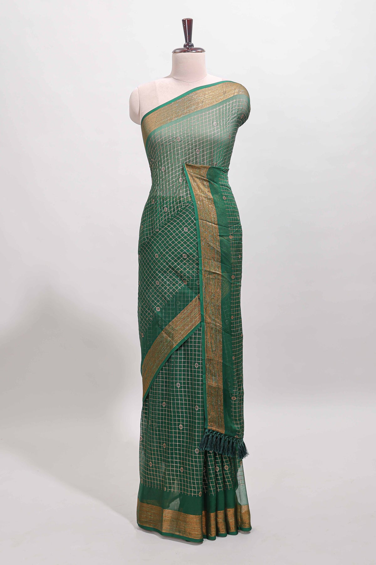Green checked zari butta dola silk saree with self zari border and matching blouse