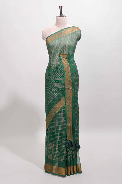 Green checked zari butta dola silk saree with self zari border and matching blouse